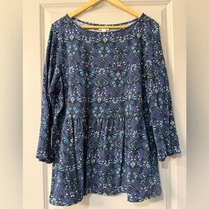 J. Jill Blue Floral Tunic Top Women’s Large Long Sleeve A-Line